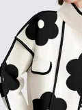 Women Spring Autumn Jackets Fashion Black Flower Print High-Neck Long Sleeves Buttoned Casual Outerwear Coats 2024 New