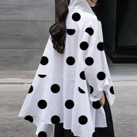 Polka-Dot Blouse Split-Side Lapel Long Sleeves Fashion Buttoned High-Low Casual Simple Office Lady Shirts For Women 2024