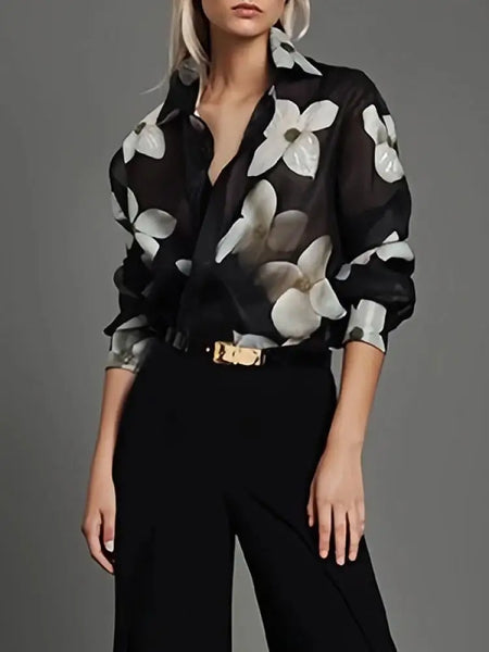 Women Fashion Elegant Floral Printed Lapel Blouses 2024 New Spring Summer Long Sleeves Loose Casual Office Shirts Tops