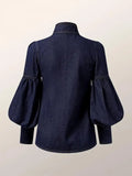 2024 New Spring Fashion Bow Tie Design Blouses Women Imitation Denim Puff Sleeves High Neck Korean Casual Shirts Tops