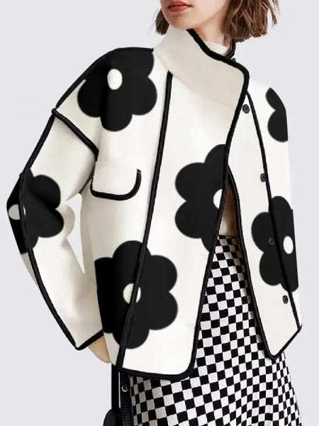 Women Spring Autumn Jackets Fashion Black Flower Print High-Neck Long Sleeves Buttoned Casual Outerwear Coats 2024 New