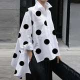 Polka-Dot Blouse Split-Side Lapel Long Sleeves Fashion Buttoned High-Low Casual Simple Office Lady Shirts For Women 2024